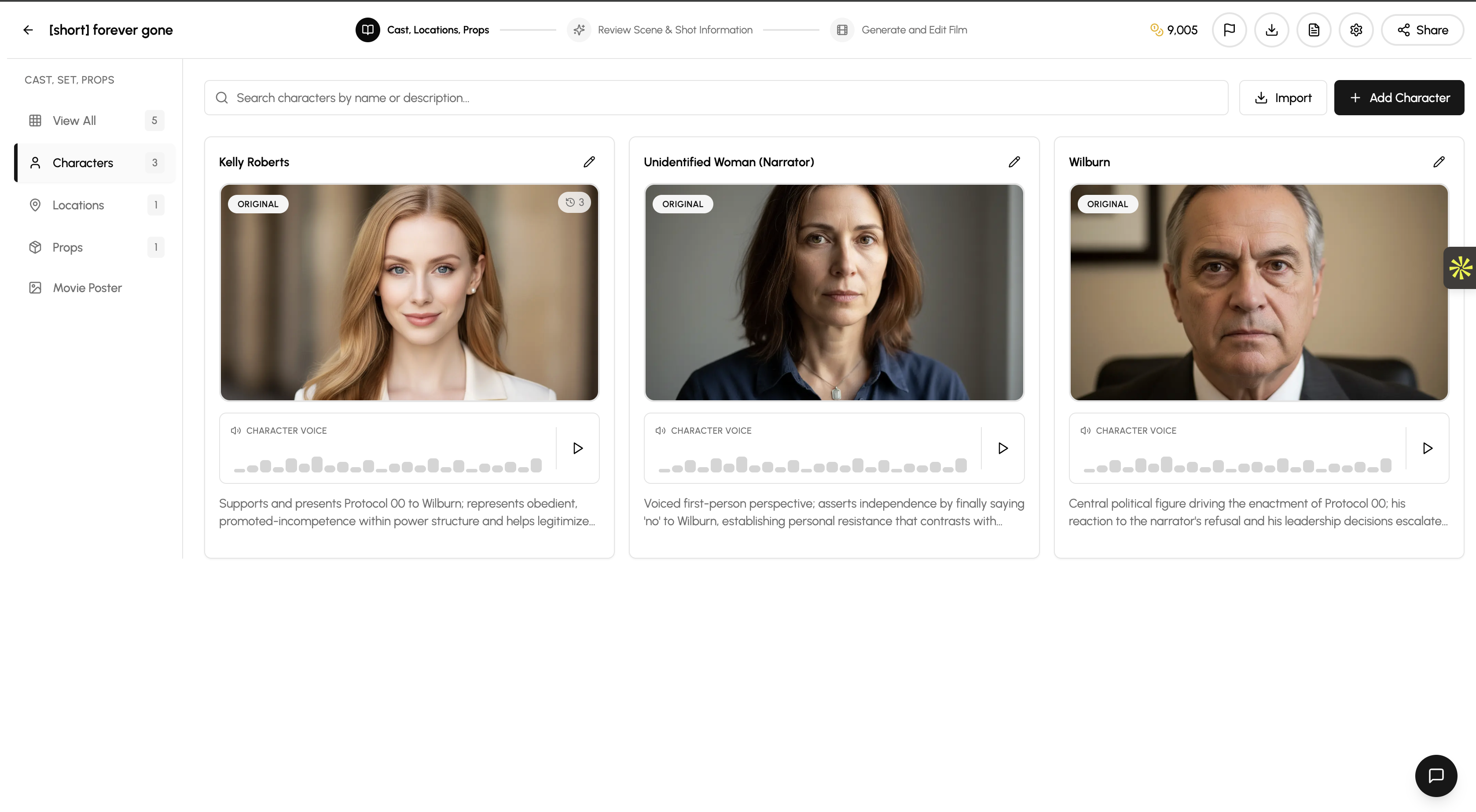 Movie Machine interface showing character creation